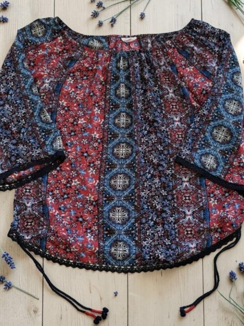 Westport Womens M Peasant Blouse Boho Sheer Patchwork 3/4 Sleeve